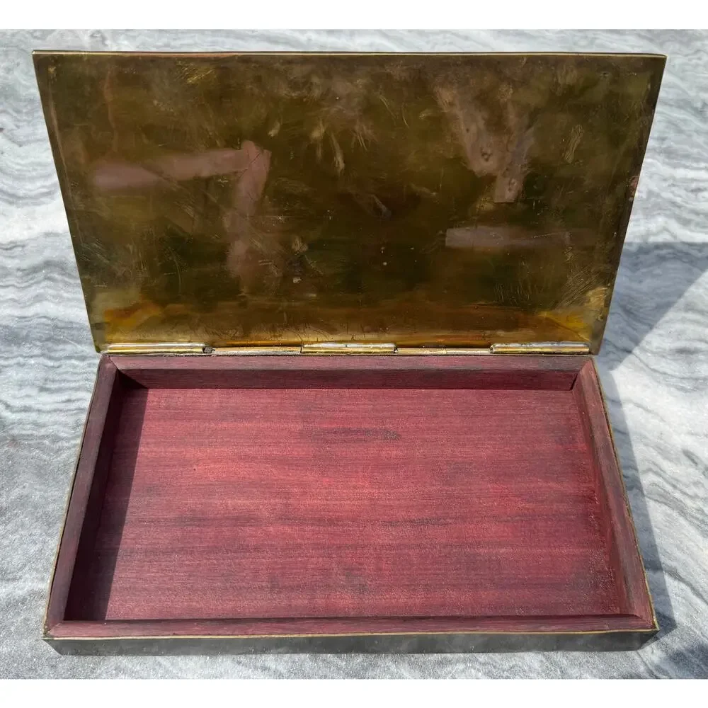 VINTAGE: MCM Mayan Mexican Mosaic Inlay Brass Copper Wood Trinket Cigarette Box
